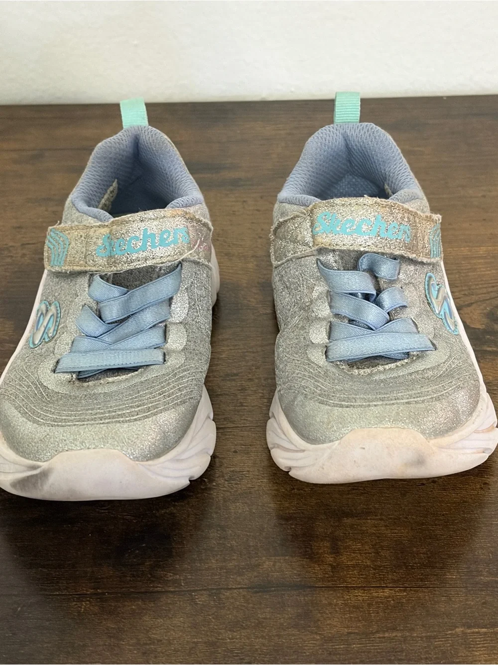 Skechers Kids Silver Glitter Sneakers with Light Blue Details